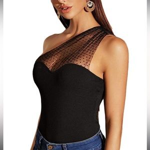 WDIRARA Women's Mesh Polka Dots One Shoulder Sleeveless Slim Fit Elegant Top XXL